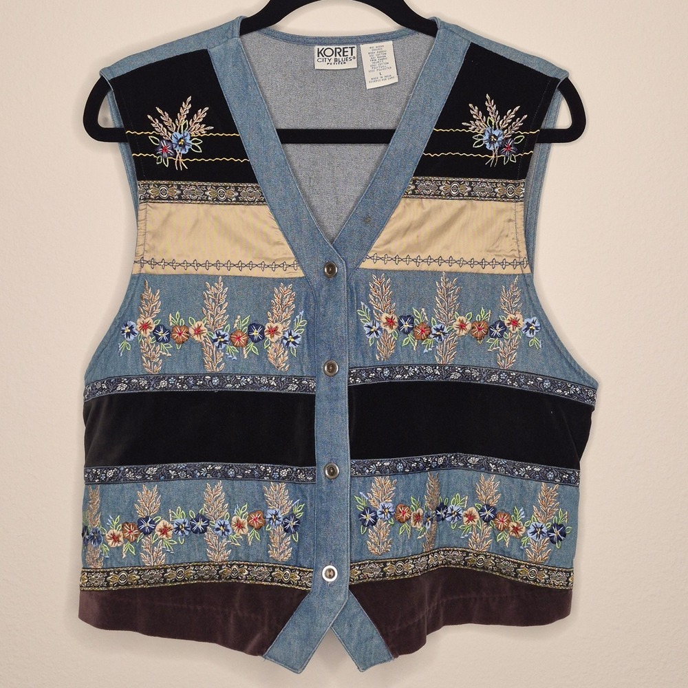 Vintage 90s‎ Denim Embroidered Vest Cottagecore GrandmaCore Teachercore Grunge L